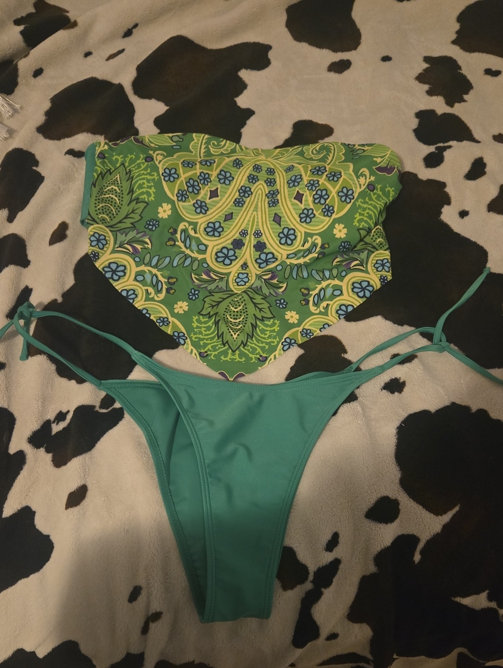 Green Paisley Bandeau & Tie-Side Bikini Women Swim